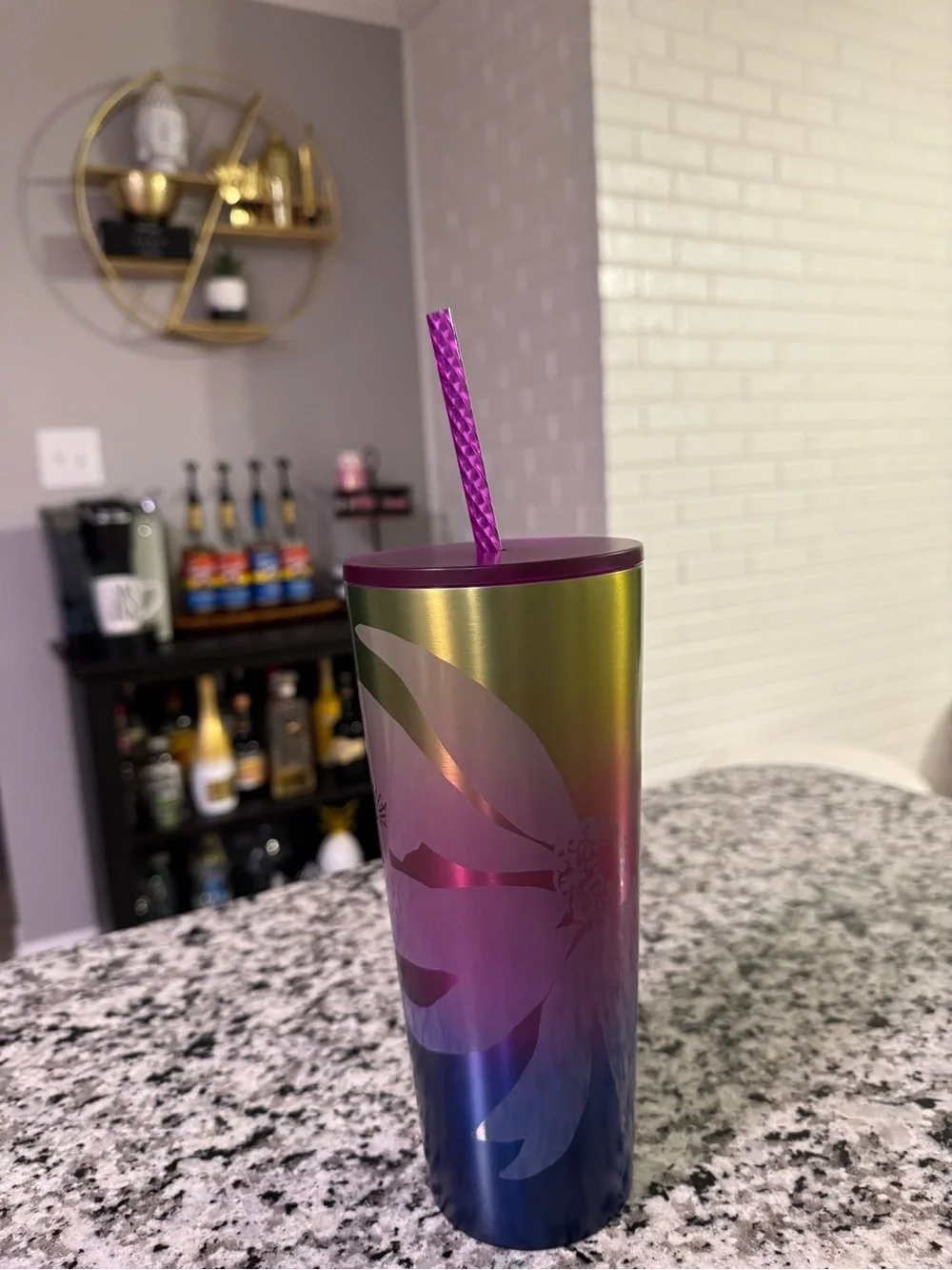 Starbucks Multicolor Iridescent Tumbler with Purple Lid and Straw